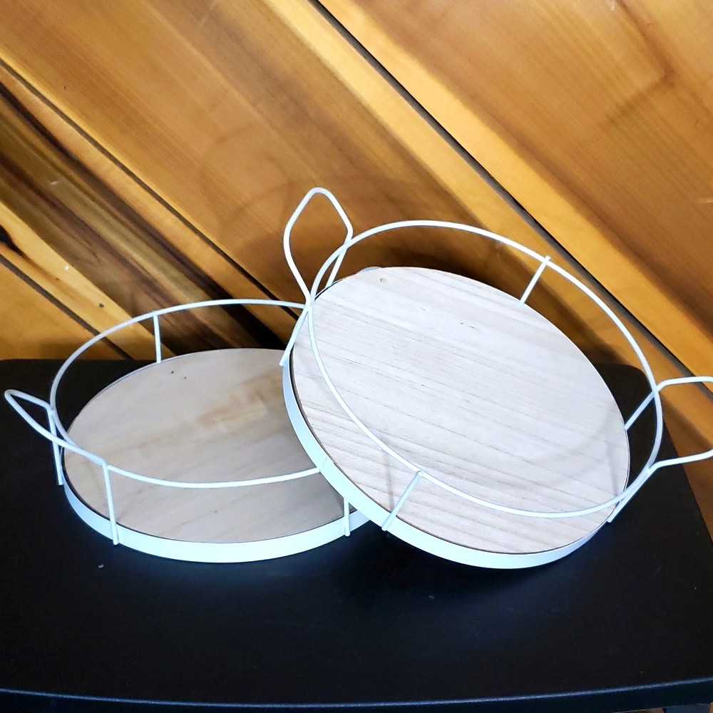 NEW! Set of 2 Metal & Wood Round Trays